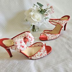 Authentic Christian Louboutin White Red Blended Fabric Slip-on Heels Size 6 US (LIMITED EDITION)