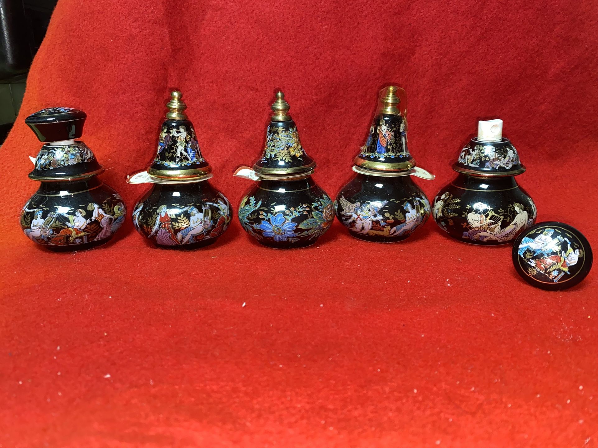 Vintage 3.5 Inch Set Of 5 2 Refillable Sprays, 3 Oil/Cream 24k gold Ceramic Vase Collectibles (2 sets available)