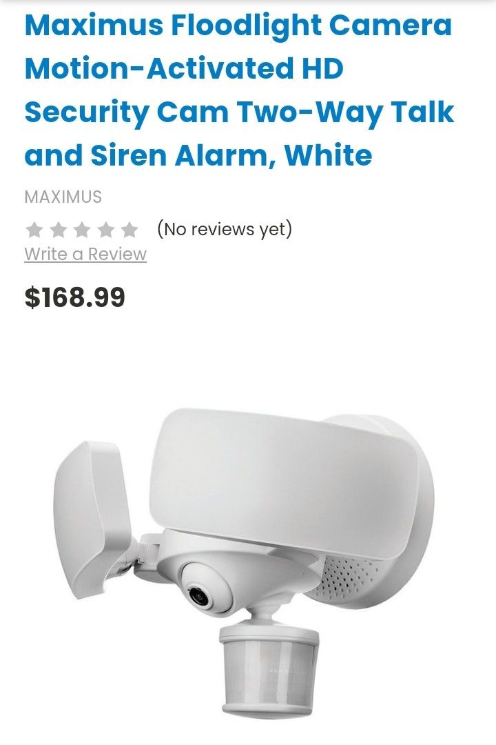 Maximus Floodlight Camera Motion-Activated HD Security Cam Two-Way Talk and Siren Alarm, White
