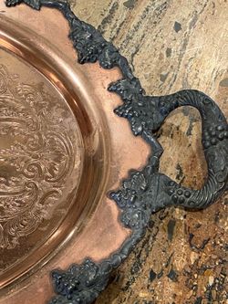 Vintage 23" Large Copper Serving Tray / Tabletop Tray with Decorative Etching & Metal Handles