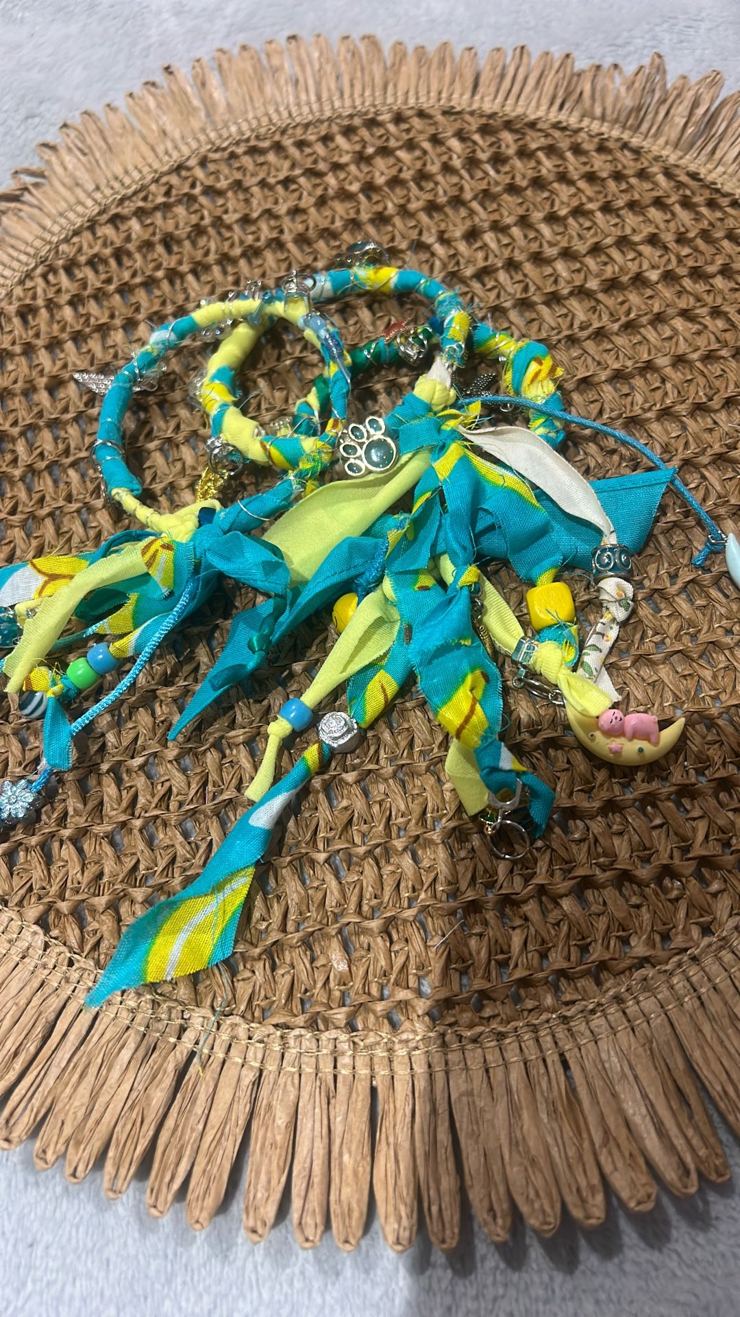 Fabric Boho Chic Bracelet Trio Teal Yellow