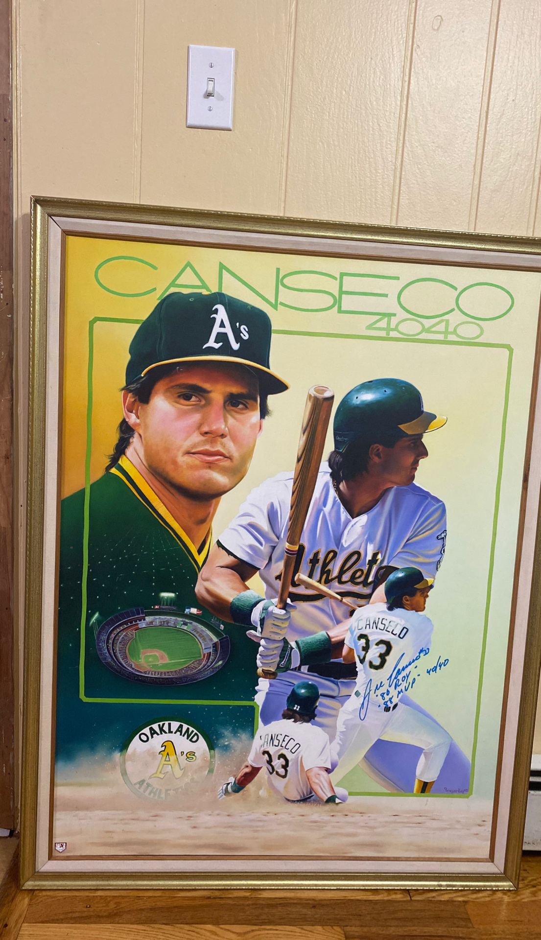 Jose Canseco Oakland A’s 40/40 Autographed 30W x 40L Painting . Signed 40/40 , 86 ROY & 88 MVP , With MAB Celebrity Certificate , Custom Framing, Art