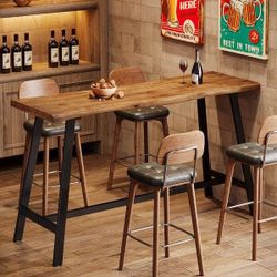 55.1-Inch Solid Wood Bar Table with Sturdy Metal Frame