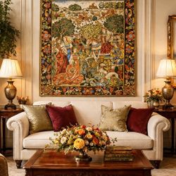 Medieval Hunting Scene Tapestry Wall Hanging – Aubusson Style Woven Decor w/ Border

Beautiful decorative medieval hunting scene tapestry featuring a 