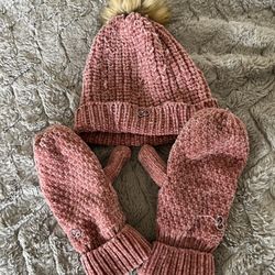 Calia Mauve Rose Pine Chenille Pink Beanie And Mittens