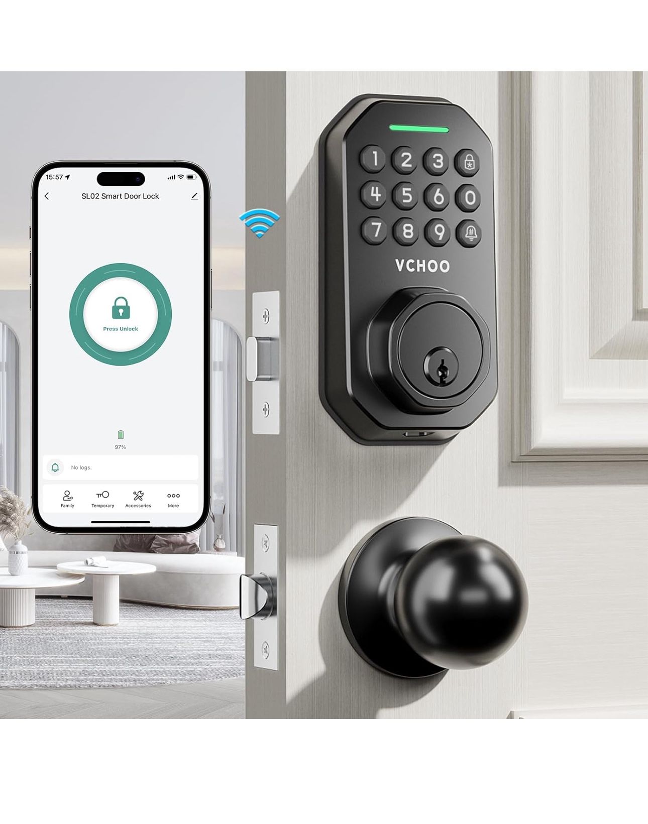 Keyless Entry Door Lock with Handle Wi-Fi Door Locks for Front Door Anti-Peeping Password App Control Smart Door Lock for Homes Hotel Bedroom Doors wi