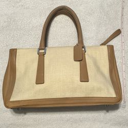 Coach Purse / Bag -  Tan Leather & Beige Linen, Authentic