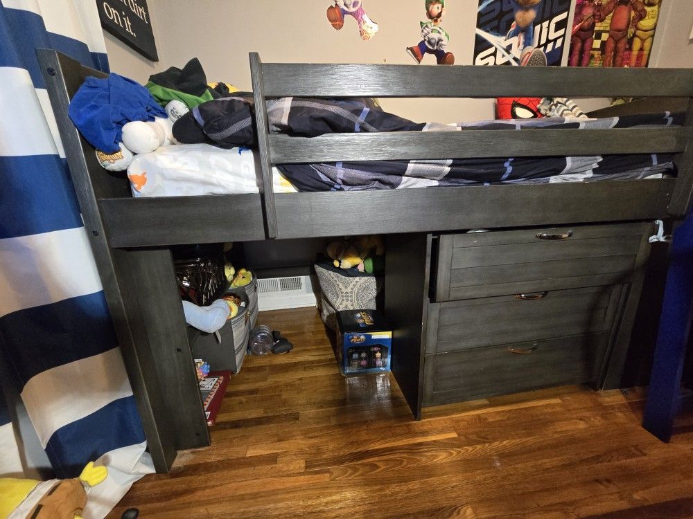 Gray Loft Bed With 2 Storage