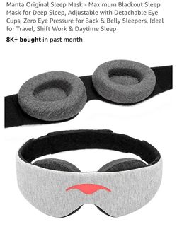 Manta Original Sleep Mask - Maximum Blackout Sleep Mask for Deep Sleep, Adjustable with Detachable Eye Cups, Zero Eye Pressure for Back & Belly Sleepe