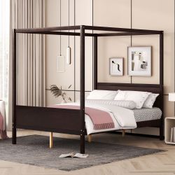 NEW NATURAL Queen Size Canopy Platform Bed with Headboard and Footboard,Slat Support Leg - Espresso