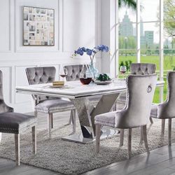 7pc Marble Dining Table Set With 6 Tufted Dining Chairs