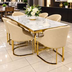Marble Top Dining Table Set with 6 Chairs