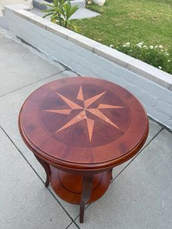 Round Wood Accent Side Table with Inlay Design