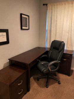 5-Piece Espresso Executive L-Shaped Office Desk Set + Leather Chair