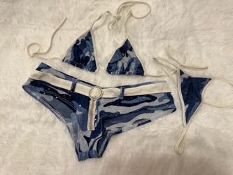 small blue camo bikini dancer festival rave outfit y2k dance swimwear shorts Worn once for photo shoot no size tag  Piece from early 2000s