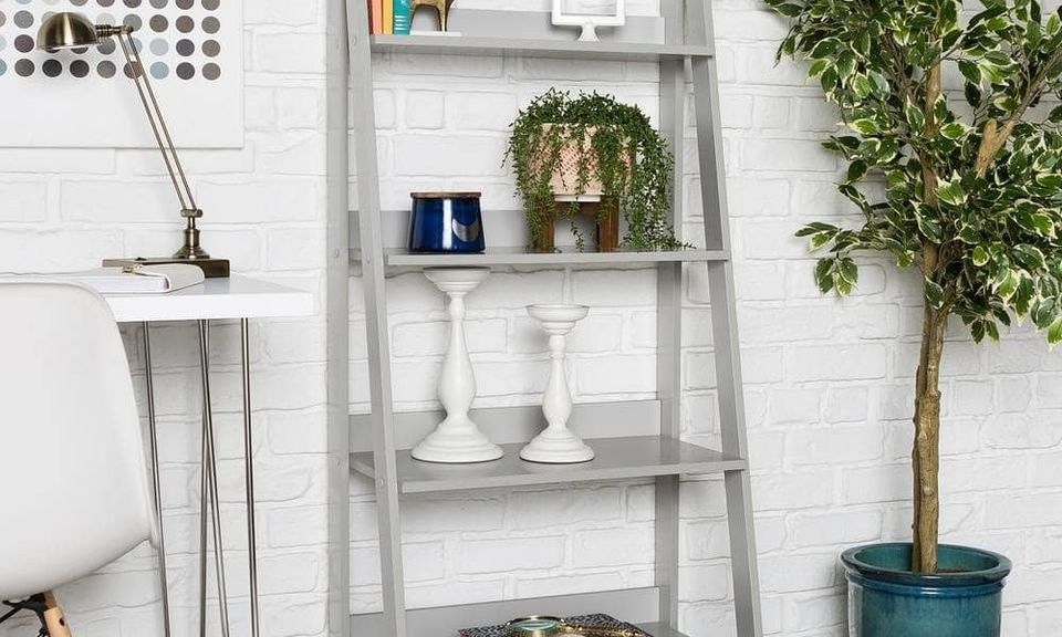 NEW, NEVER USED 55 in. Gray Wood 4-shelf Ladder Bookcase