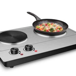 CUSIMAX 1800W Double Hot Plate, Stainless Steel Silver Countertop Burner Portable Electric Double Burners Electric Cast Iron Hot Plates Cooktop, Easy 