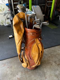 Vintage Leather Golf Bag with Clubs