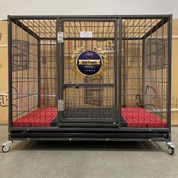 Dog Pet Cage Kennel Size 43” Heavy Duty With Plastic Floor Grid Trays And Wheels New In Box 📦 
