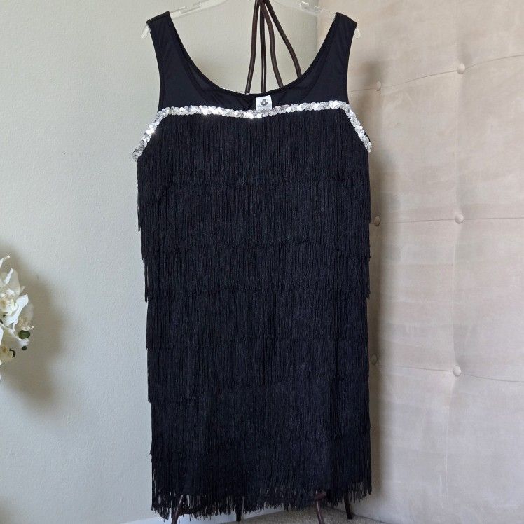 Spirit Halloween Flapper Dress, Black Fringe Mini Dress w Silver Sequin Detail