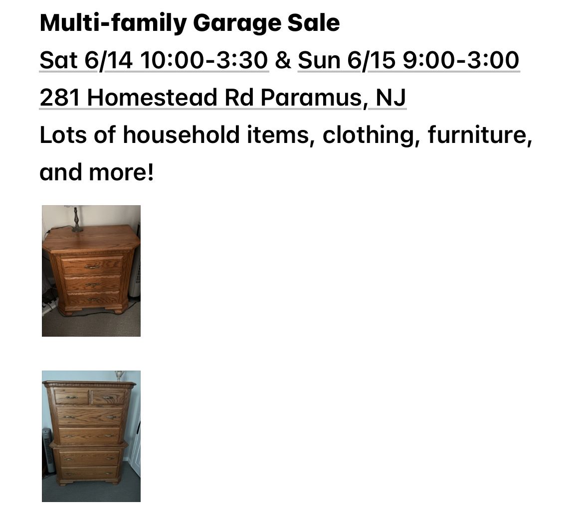 Multi Family Garage Sale Sun 6/15