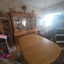Solid Oak Table and China Cabinet Set