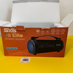 Black rechargeable speaker with radio, USB, microSD card support, and AUX input.