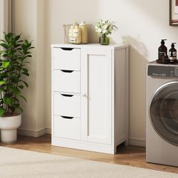 New Bathroom Floor Storage Cabinet, Wooden Storage Organizer with 4 Drawers and 1 Door, Freestanding Pantry Cabinet with Adjustable Shelves for Bathro