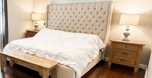 King Bedroom Furniture Set – Dresser, Nightstands, King Upholstered Headboard