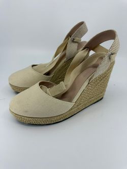Beige Canvas Espadrille Wedge Pumps w/ Ankle Straps Size 6.5