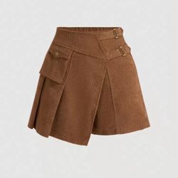 Women Say Front Pocket Stitching Pleated Retro Brown Shorts