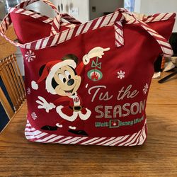 Disney Parks Walt Disney World Christmas Tis Season Santa Mickey Candy Cane Mint Red / White Large Tote Bag 