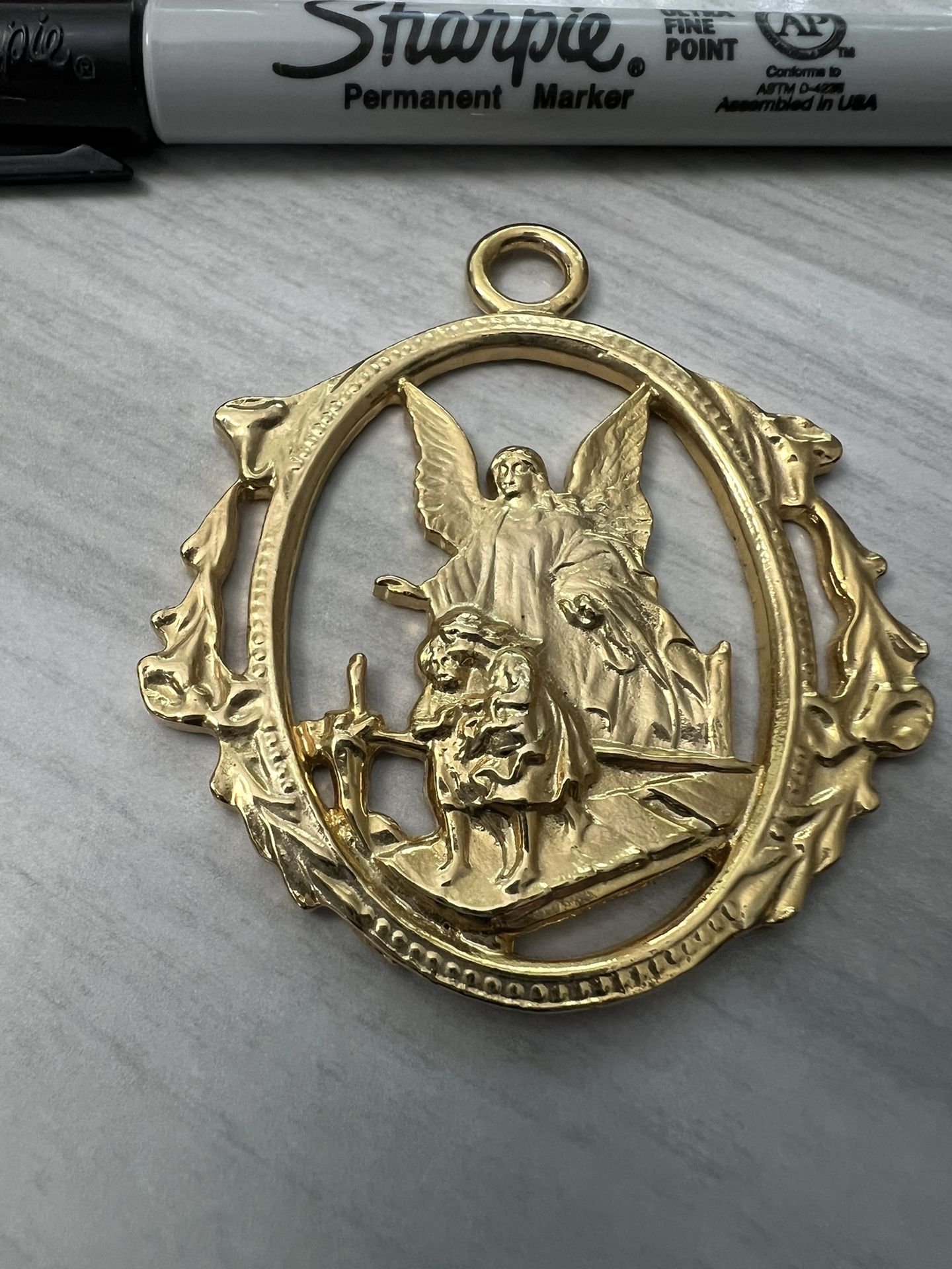 Camco Guardian Angel Protecting Children Ornament Charm Crib Gold Metal Pendant Appt 2x2.5 Will be shipped in an envelope