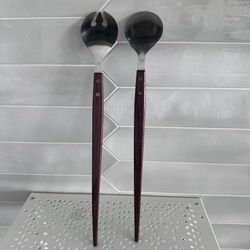 Vintage MCM Wooden Handle Stainless steel Salad Servers Spoon And Fork 13” stamped Japan