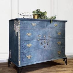 Antique 1900s 5 Drawer Blue Gold Accent Chest Of Drawers Dresser 