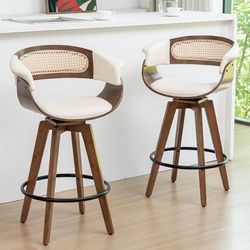 Set of 2 Rattan Swivel Bar Stools - 26.4 inch Mid Century Modern Counter Stools with Cane Back, Upholstered Seat, Curved Arms, Bar Stools with Arms fo