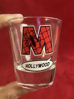 HOLLYWOOD SPIDERMAN M INITIAL SHOT GLASS ~ Retired ~ See MORE Rare Items