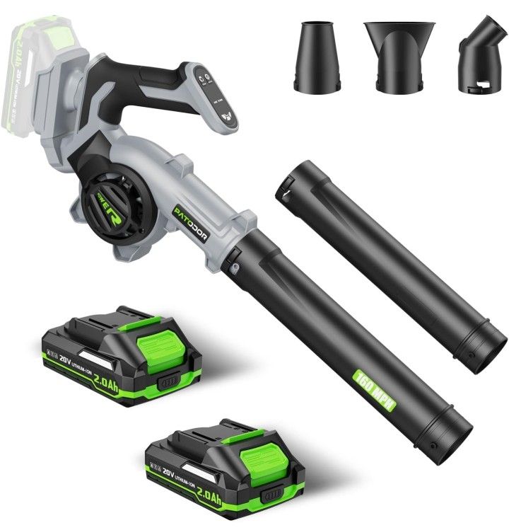 Electric Cordless Leaf Blower with 2 Batteries and Charger, 3 Speed Modes & 3 Blowing Nozzles