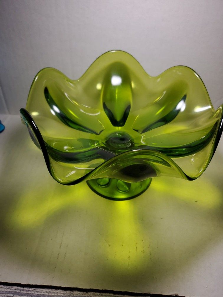 Vintage Viking Green Glass Dish Pedestal