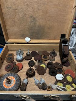 Miscellaneous casters and wire brushes for cleaning with a portable drill