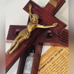 DIVINITY Crucifix Sick Call Set JESUS HEAL Wood Cross Original Antique Fine Art RARE Gold Christ Collectible Vintage Wall Plaque Display Religion / Re