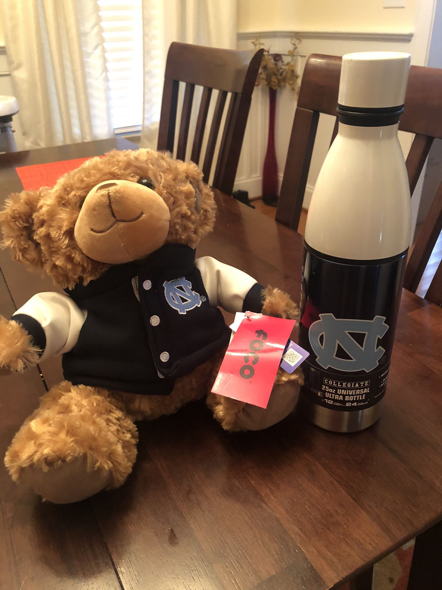 UNC Tarheels stainless steel water bottle and plush bear - NEW