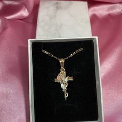 Pink Rose Cross Necklace