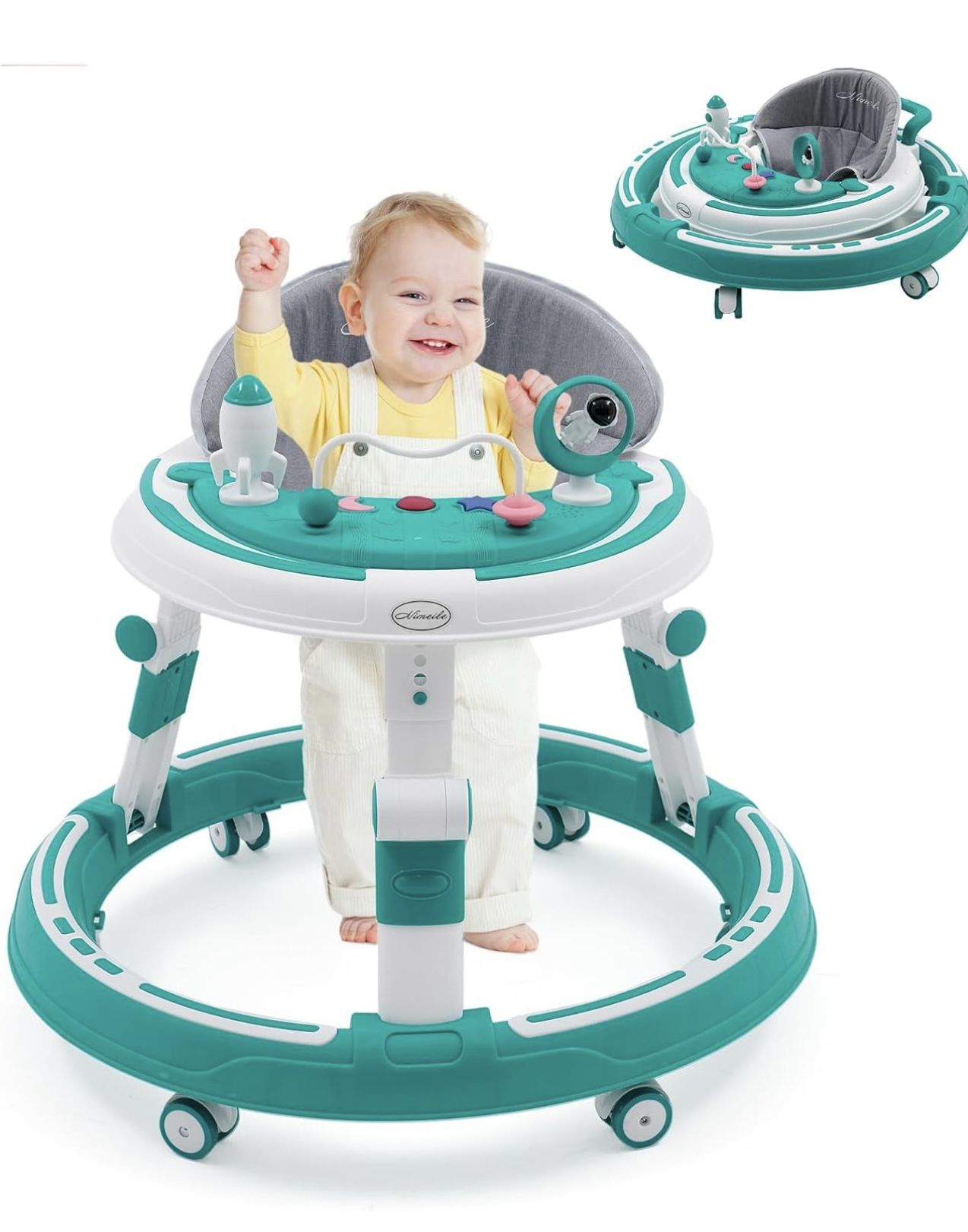 Baby Walkers with Toys and Easy-to-Clean Trays, Universal Height Adjustable Walkers, Wheeled Walkers, roll-Over Folding Walkers, Suitable for Infants