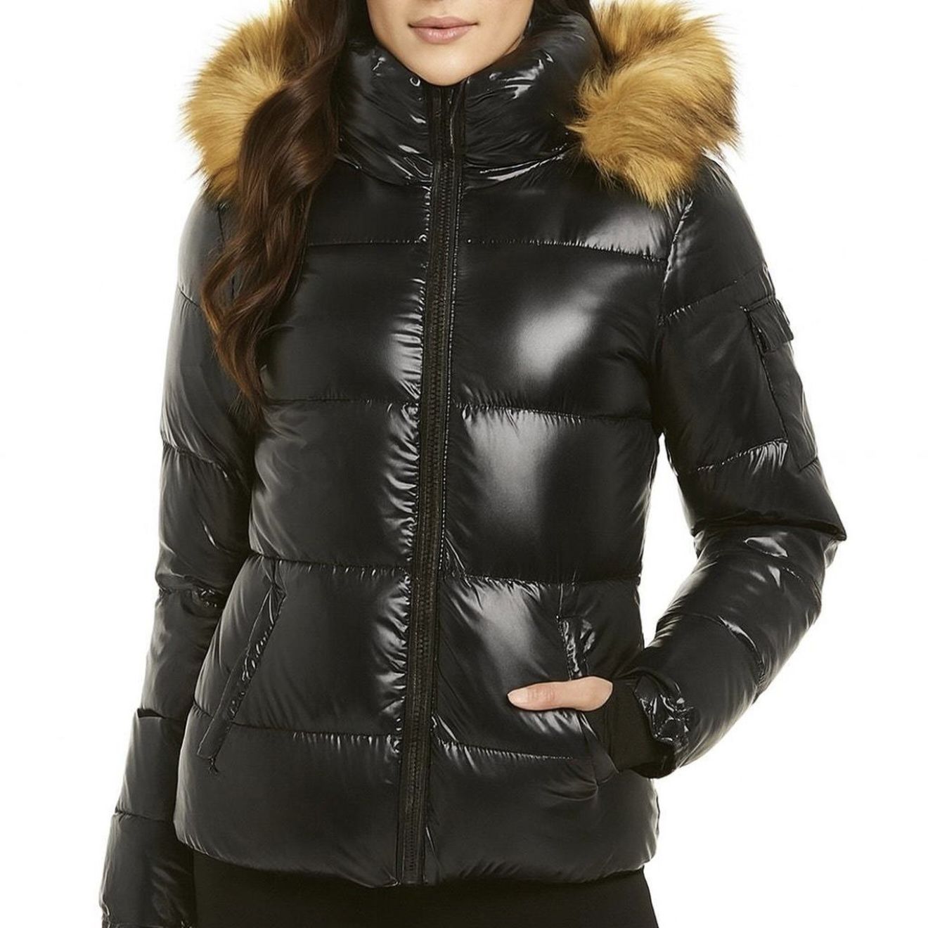S13 Gloss Faux Fur Trimmed Allie Puffer Jacket Black XS NWT