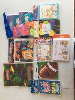 Lot of party invitations and party favors