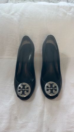 Tory Burch "Sally" Black Leather Peep-Toe Wedges Size 7M