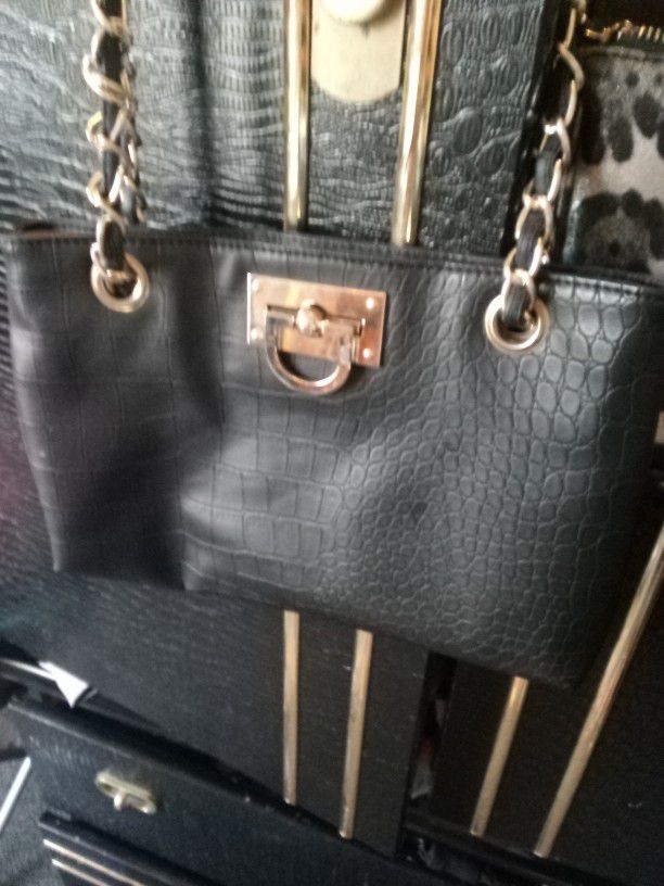 Black And Gold Alligator Print Handbag 