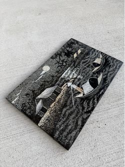 Vintage Asian Lacquer Crackle Art Panel Boats Landscape Wall Plaque Black & White