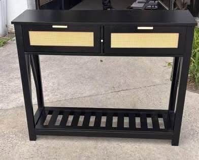 New in Box Console Table with 2 Rattan Drawers, W/ 3-Tier Storage Entry Table Black/White